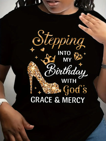 Women'S Birthday Celebration T-Shirt - "Stepping into My Birthday with God'S Grace & Mercy" Golden Glittery Text - White Casual Everyday & Party Top - All-Season Comfort Fit Tee for Women - Birthday Party Outfit Idea, Festive Attire, Playful Design, Breat