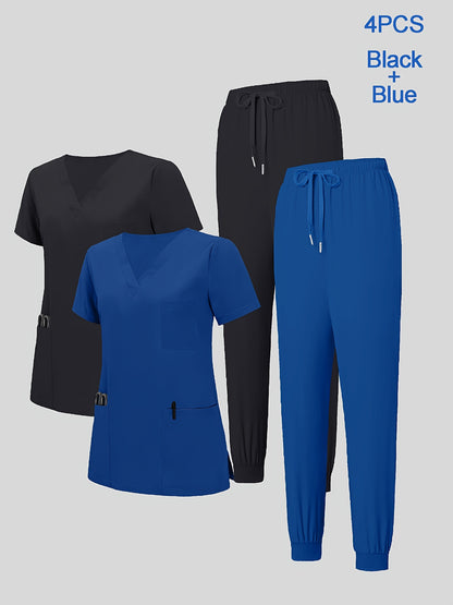 4pcs Set for Women's V-neck Matte Breathable Sports Uniform Pocket Hand Washing Work Clothes Brush Hand Clothes Tying Feet Pants Set