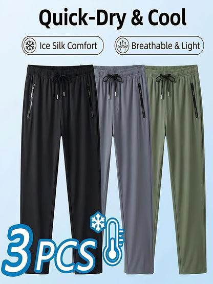 Three Pairs Of Men's Summer Stretch Ice Silky Fiber Long Pants Feature Drawstring Waistbands, Breathable And Quick-drying Materials, And Letter Patterns. Suitable for Fishing, Basketball, Camping, Gym Workouts, And Beach Running.