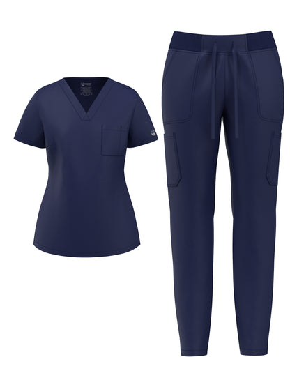 Women's Scrub Pants Set, Elastic Breathable Polyester Spandex Blend, V-Neck Short Sleeve with Pocket, Solid Color, for Work