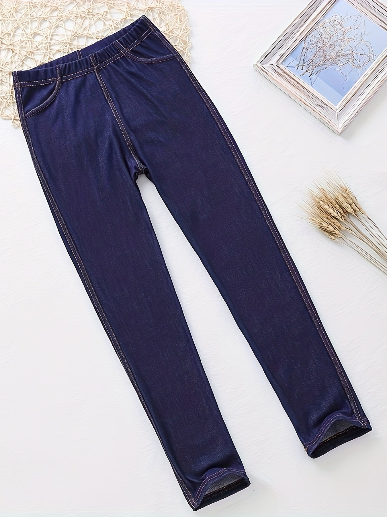 Stylish Girls' And Boys' Imitation Denim Leggings - Soft, Stretchy Cropped Pants with Pockets, Comfortable Casual Attire for Spring/Summer/Fall, Perfect Gift Idea, Perfect for Outdoor