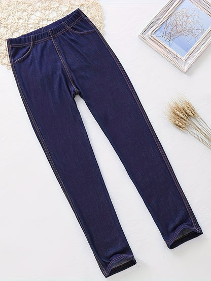 Stylish Girls' And Boys' Imitation Denim Leggings - Soft, Stretchy Cropped Pants with Pockets, Comfortable Casual Attire for Spring/Summer/Fall, Perfect Gift Idea, Perfect for Outdoor