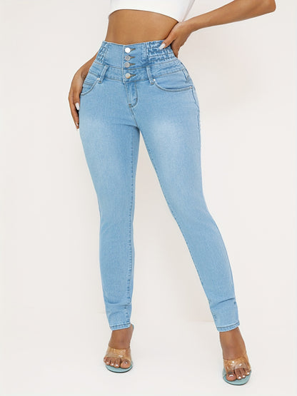High Waist Skinny Jeans For Women, Casual Stretch Denim, Solid Color, Slim Fit, With Shirring Detail, For All-Season Pants