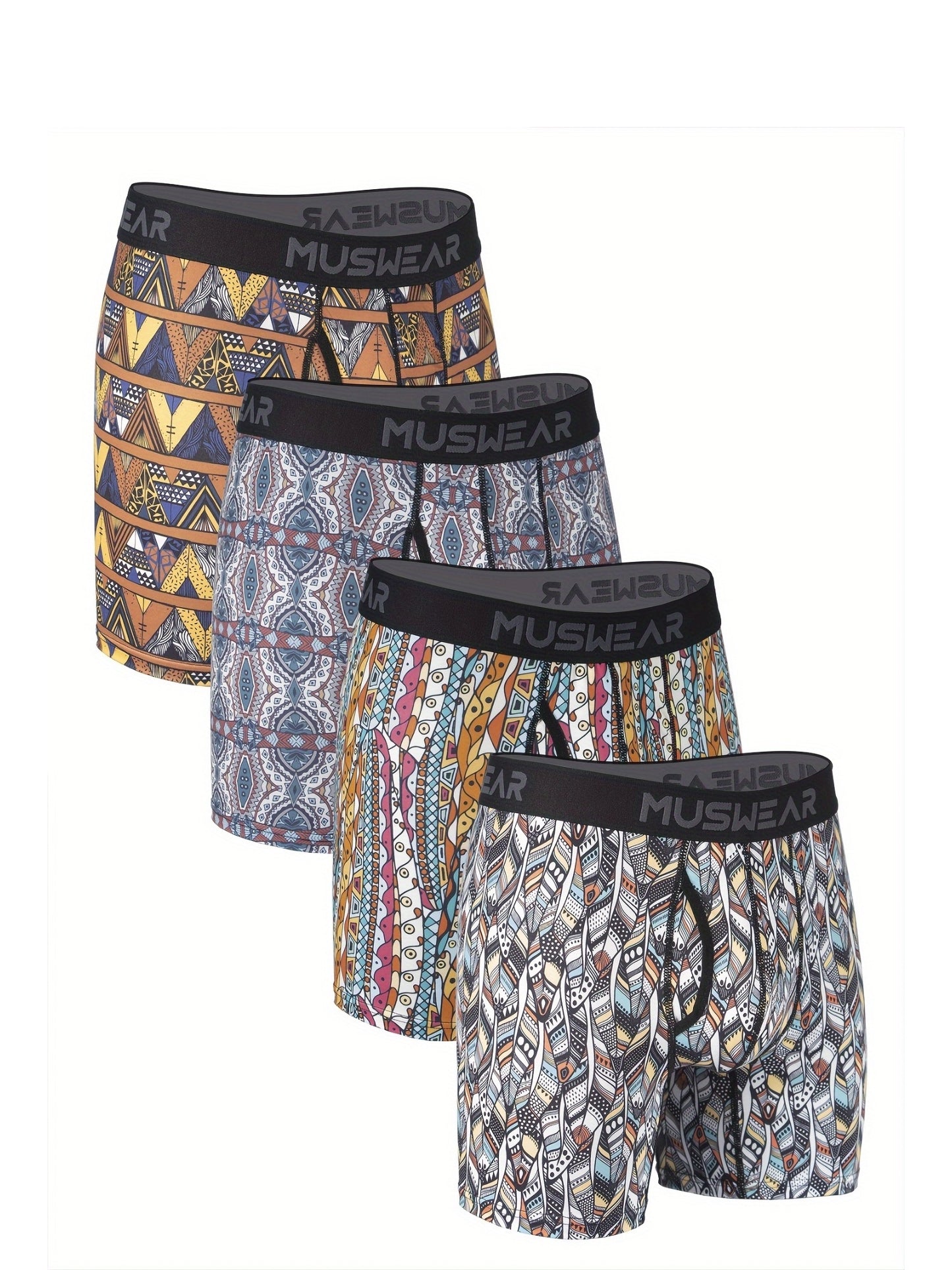 MUSWEAR Men's Quick-Dry Boxer Briefs - Moisture-Wicking Breathable Athletic Underwear with Side Openings, Tribal Geometric Print, Mid-Stretch Fabric for Gym, Casual & Daily Wear, Boxer Shorts, Workout Gear, Sporty Design, Lightweight Construction, Perform