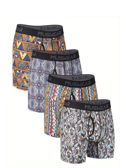 MUSWEAR Men's Quick-Dry Boxer Briefs - Moisture-Wicking Breathable Athletic Underwear with Side Openings, Tribal Geometric Print, Mid-Stretch Fabric for Gym, Casual & Daily Wear, Boxer Shorts, Workout Gear, Sporty Design, Lightweight Construction, Perform