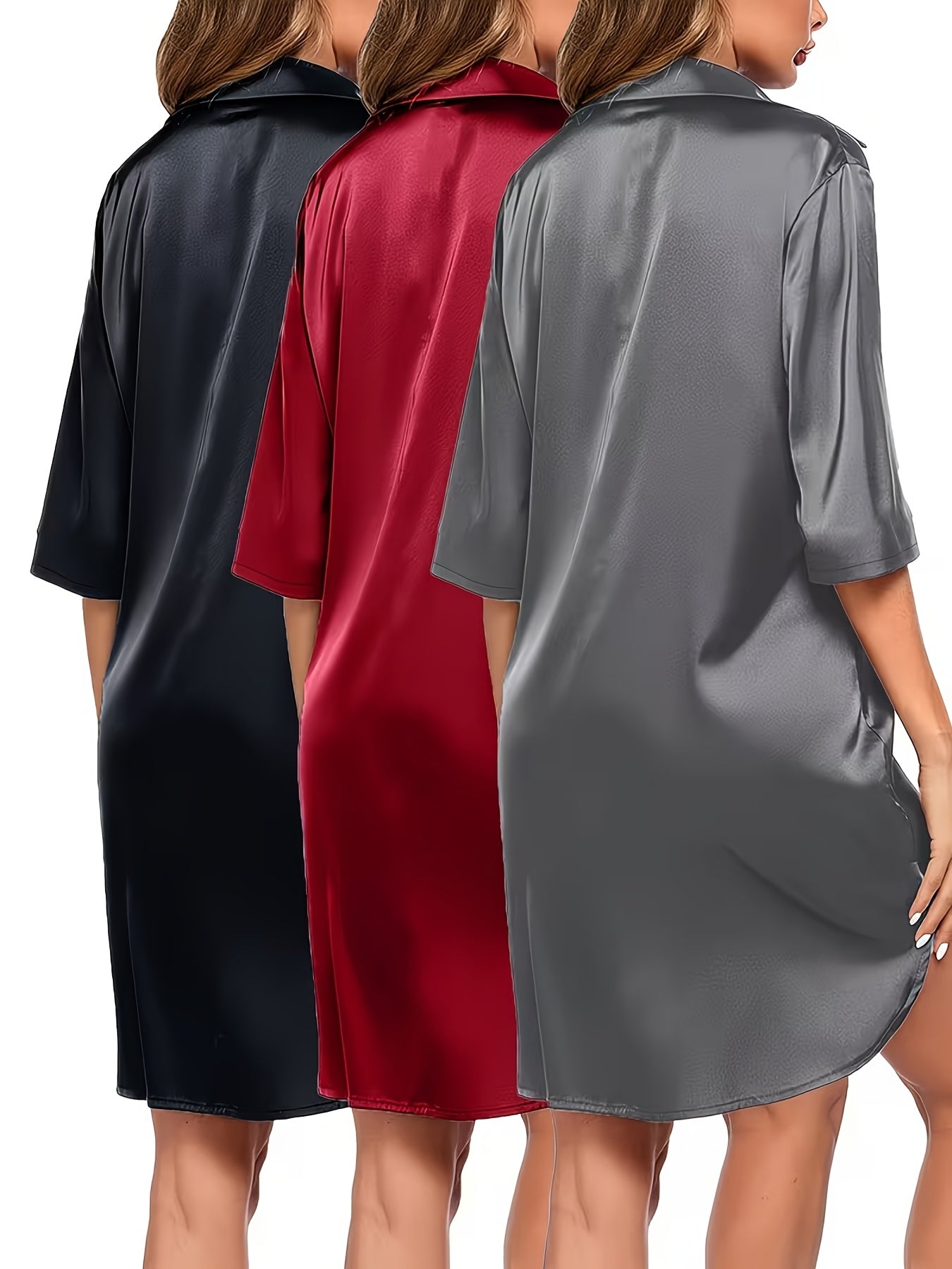 A Set of Three Women'S Pajamas Featuring a Variety of Solid Colors, Designed to Be Sleek And Comfortable for Home Wear, with Long Sleeves