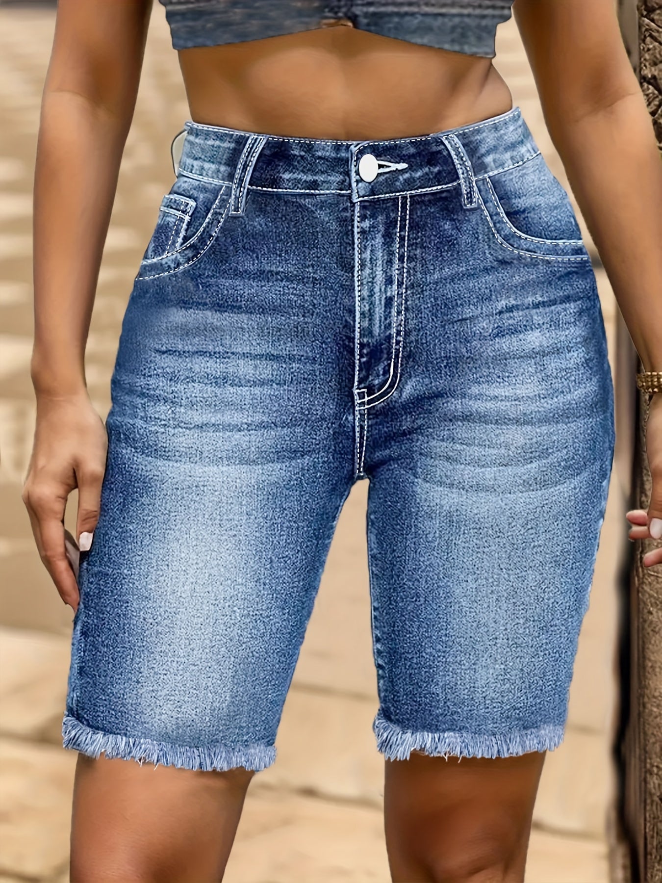 Women's High Elasticity High Waist Denim Shorts - Retro Blue Star Striped Embroidery, Slim Fit Mid-Length Casual Shorts with Button Closure, Machine Washable for Spring/Summer, Spring Fashion, Embroidered Details, Comfortable Fit, Summer Wardrobe