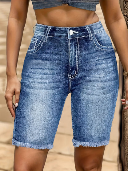 Women's High Elasticity High Waist Denim Shorts - Retro Blue Star Striped Embroidery, Slim Fit Mid-Length Casual Shorts with Button Closure, Machine Washable for Spring/Summer, Spring Fashion, Embroidered Details, Comfortable Fit, Summer Wardrobe