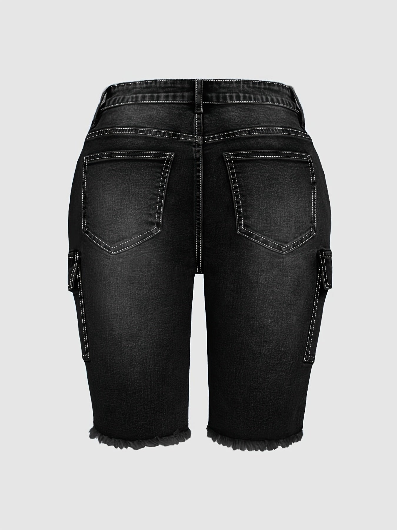 Large Size Imitation Old Blue Raw Edge Trouser Leg Tooling Flip Side Pocket Denim Cropped Pants Slim Retro Street Style High Waist Jeans Simple Fashion Spring And Summer Plus Size Denim Shorts