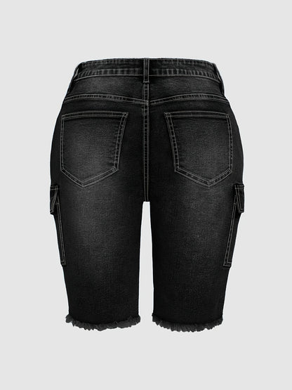 Large Size Imitation Old Blue Raw Edge Trouser Leg Tooling Flip Side Pocket Denim Cropped Pants Slim Retro Street Style High Waist Jeans Simple Fashion Spring And Summer Plus Size Denim Shorts