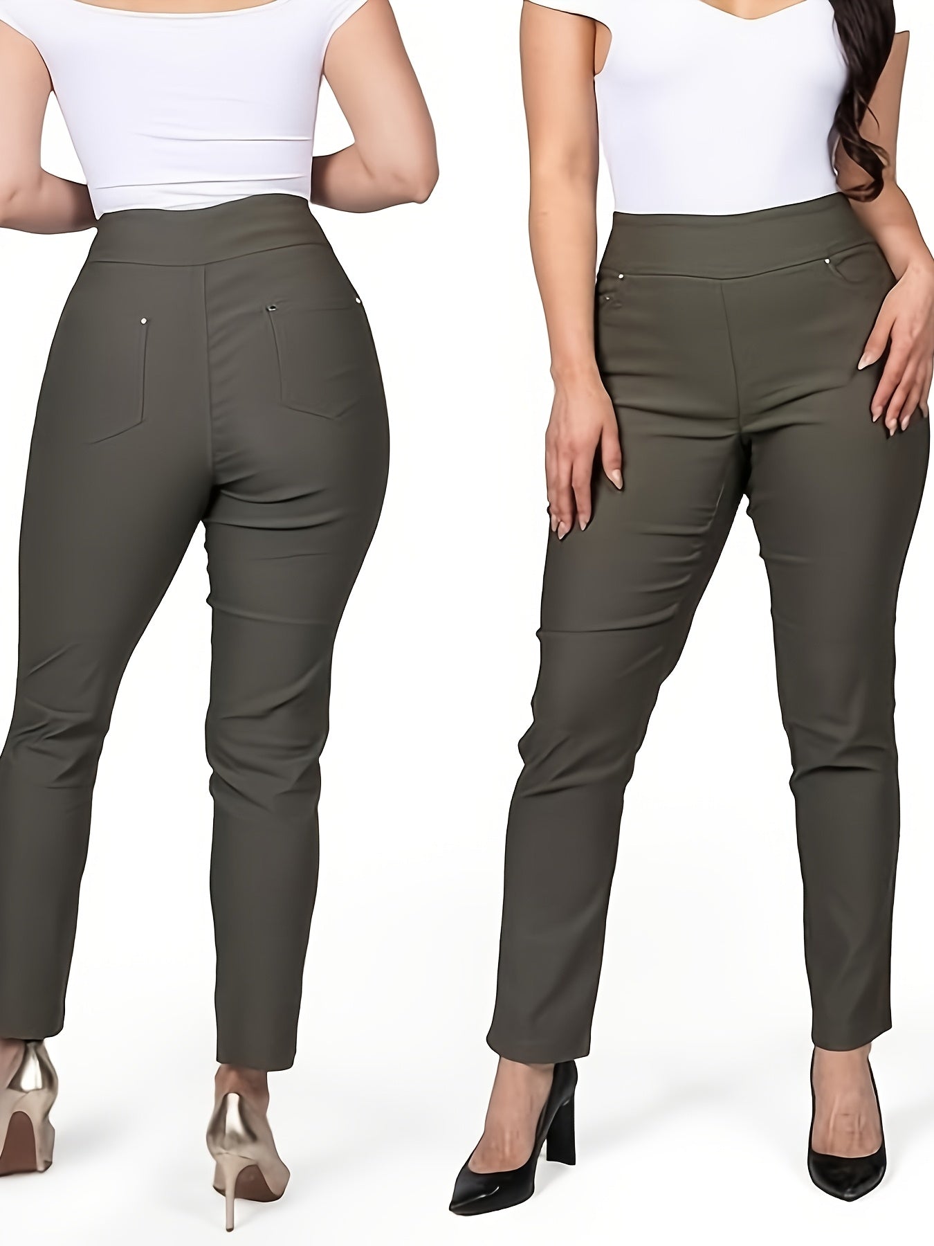 Slim Fit High-Waisted Pants for Women Featuring Five Pockets, Designed for Easy Pull-On Wear, Suitable for Work Or Casual Office Settings