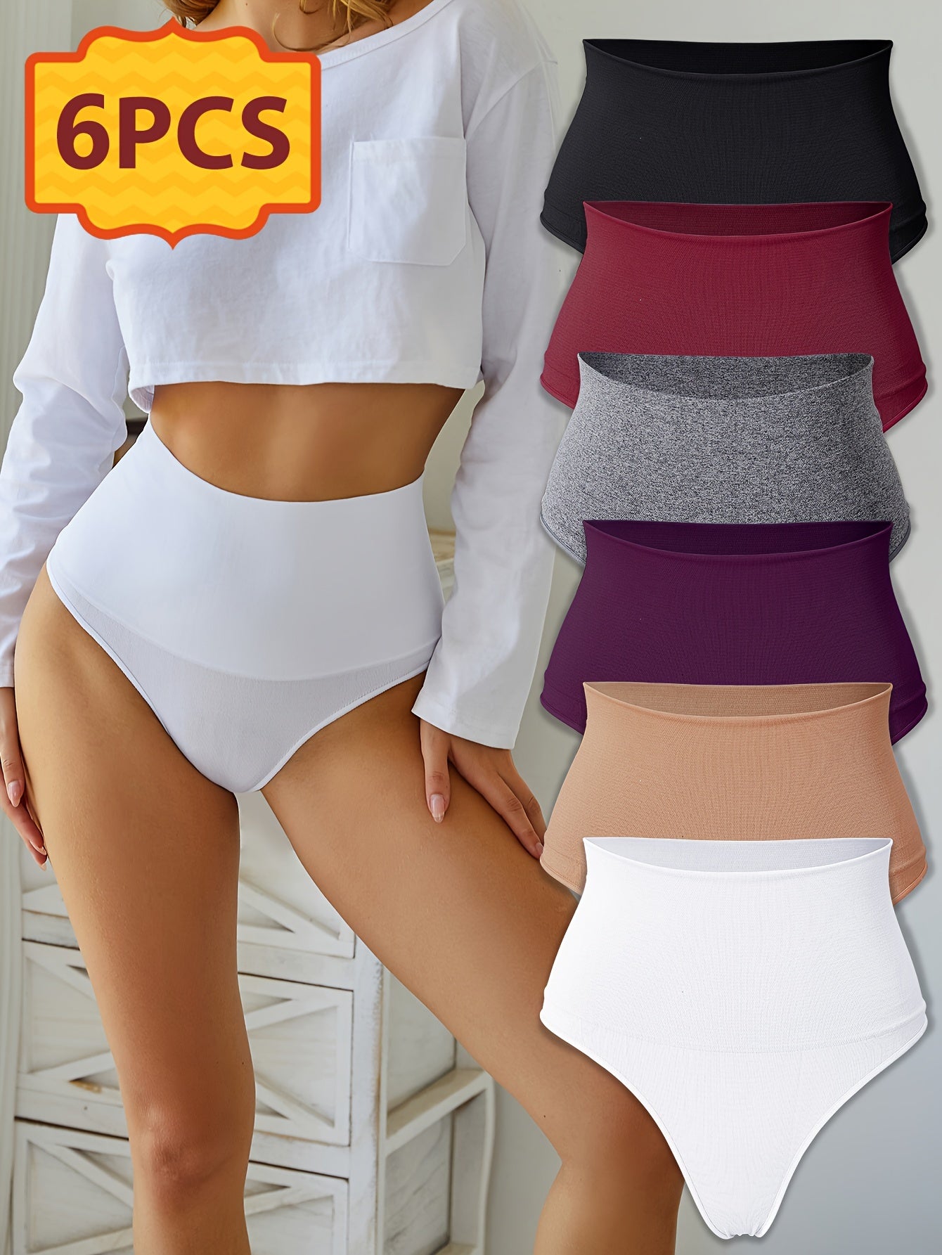 6pcs Women's High Waisted Thong Underwear - Seamless Tummy Tights with Hip Lift & Butt Lifting, Solid Color Breathable Elastic Panties Suitable for Daily Commuting, Gym,, Non- Full Coverage High Panties