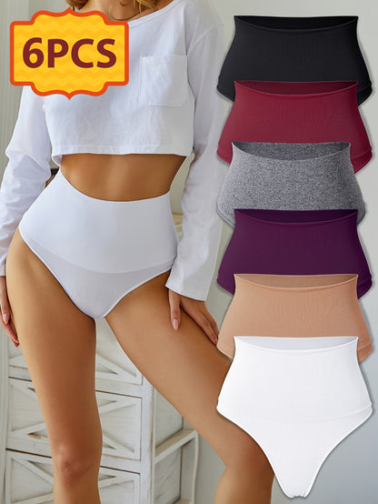 6pcs Women's High Waisted Thong Underwear - Seamless Tummy Tights with Hip Lift & Butt Lifting, Solid Color Breathable Elastic Panties Suitable for Daily Commuting, Gym,, Non- Full Coverage High Panties