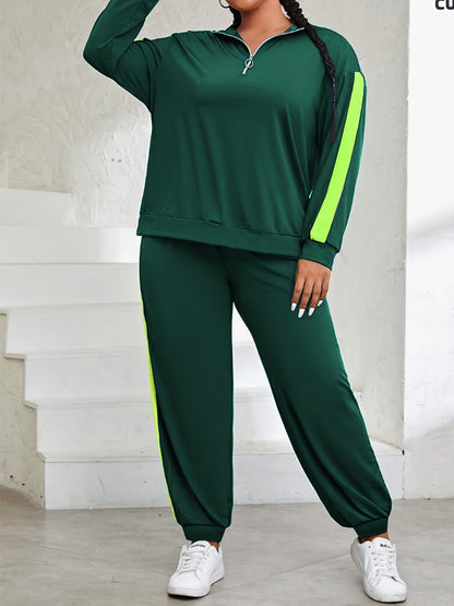 Plus Size, Plus Size Women's Spring And Autumn Contrast Color Casual Suit, Half Zip Pullover Long Sleeve Top And Trousers Two-Piece Set