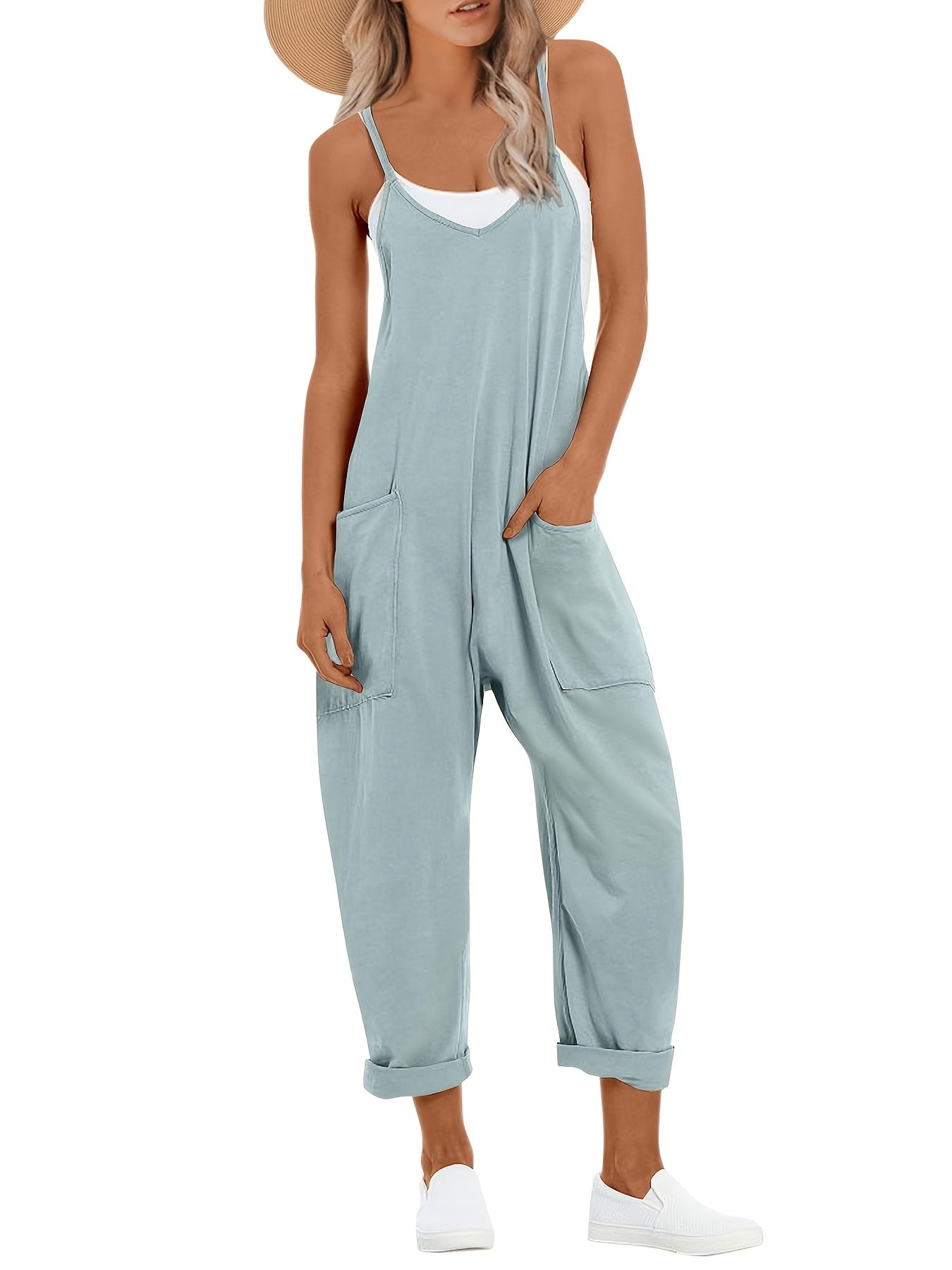 Women's Solid Color Sleeveless Overalls Jumpsuit, Casual Comfy Jumpsuit for Spring & Fall, Women's Jumpsuit for Daily Wear, Cute Summer Outfits