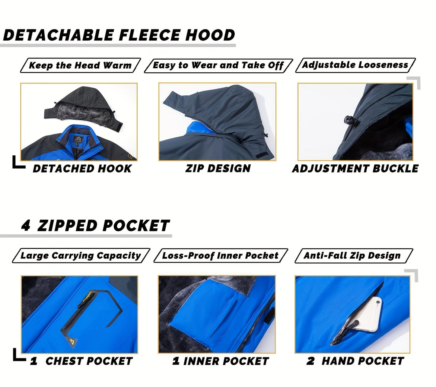 Men'S Winter Ski Jackets Warm Fleece Lined Coats Waterproof Windproof Hooded Thermal Outdoor Parka Thick Sport Hiking Jogging Camping Fishing Climbing Traveling Skiing Snowboarding Casual Windbreaker
