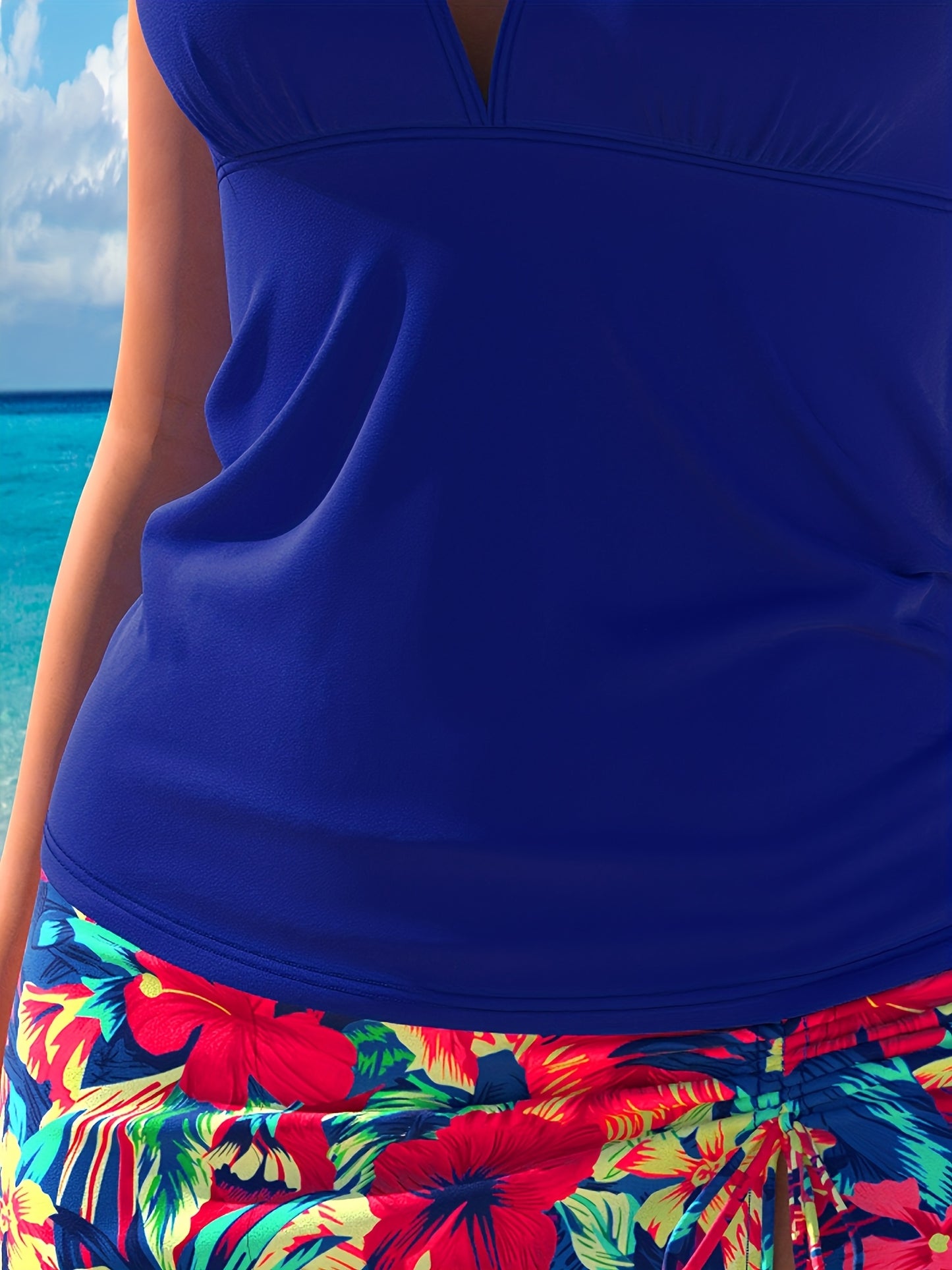 Women'S Tankini Set, Floral Print High Stretch Polyester Swimsuit, With A Halter Top And A Ruffled Bottom, Sleeveless Swims