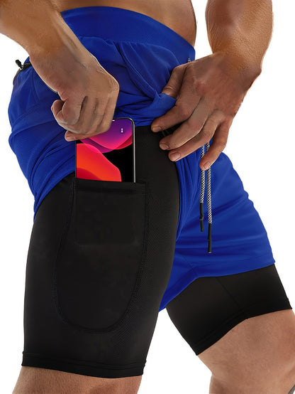 3pcs Men's 2-in-1 Double-layer Shorts with Inner Pocket, High Stretch Sports Shorts, Suitable for Summer Running, Gym Exercise And Training