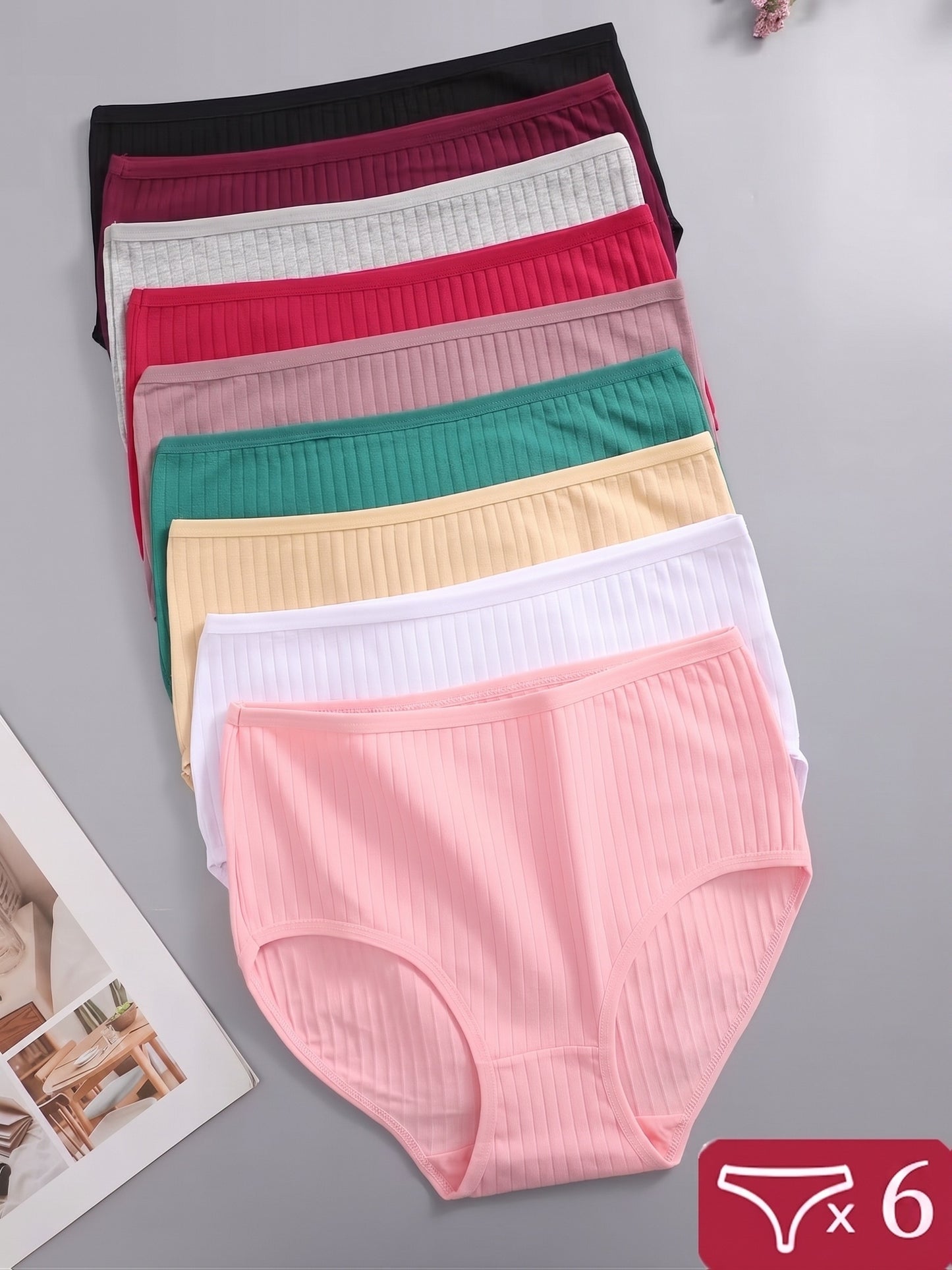 6pcs Ribbed Underwear for Women, Soft And Breathable High-waisted Triangle Pants, Random 6pcs In Multiple Colors