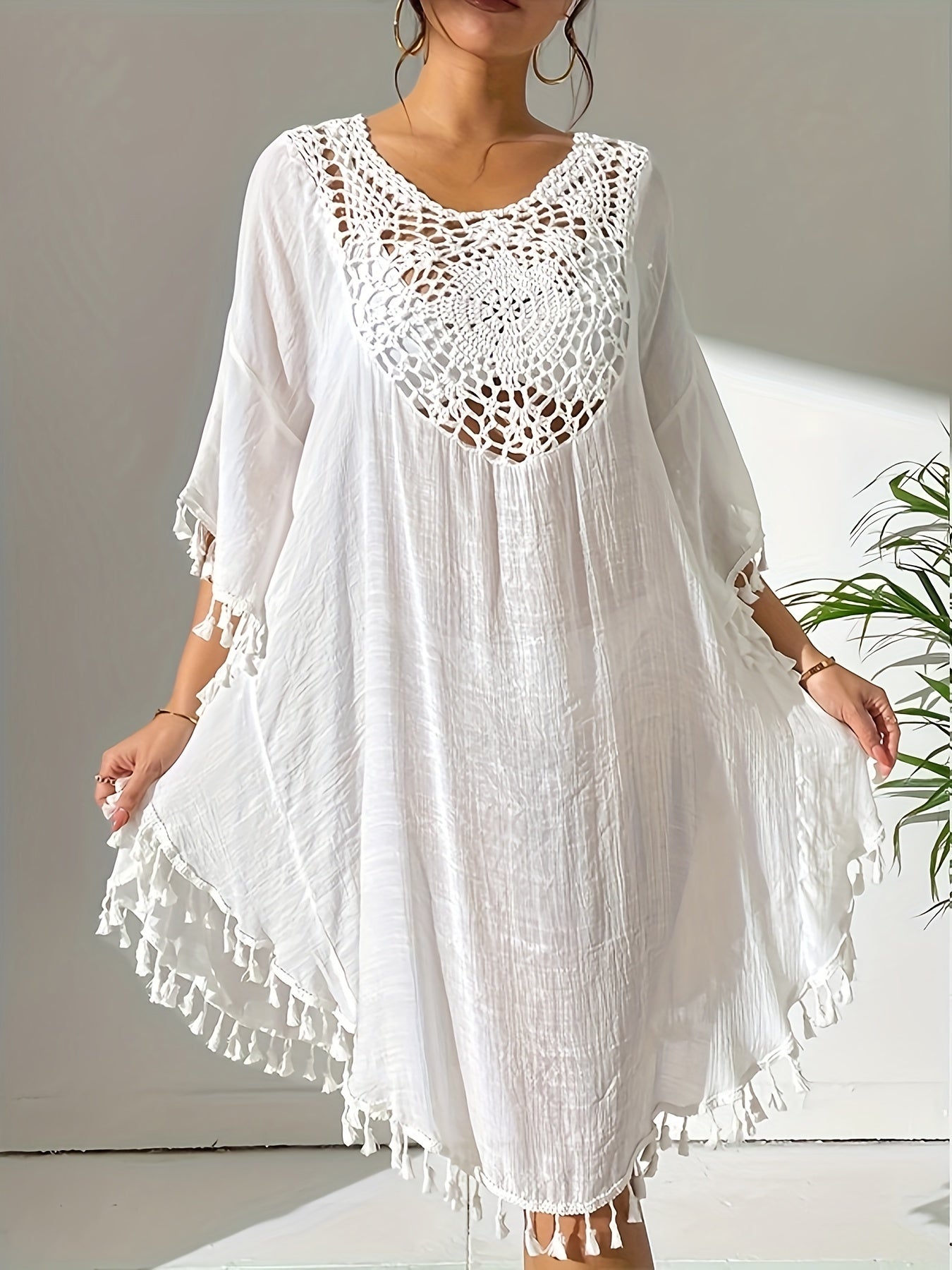 Women's Sexy Crochet Batwing Sleeve Tassel Hem Top - Black Hollow Out Design, Resort Wear Beach Cover-Up, Lightweight Polyester, Perfect for Spring & Summer