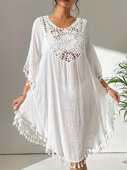 Women's Sexy Crochet Batwing Sleeve Tassel Hem Top - Black Hollow Out Design, Resort Wear Beach Cover-Up, Lightweight Polyester, Perfect for Spring & Summer