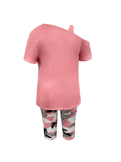 Plus Size - Ladies Plus Size Daily Casual One-Shoulder Short Sleeve Two-Piece Outfit, Diagonal Shoulder Design, Slim Fit Camouflage Pants Suit With Letter Print.