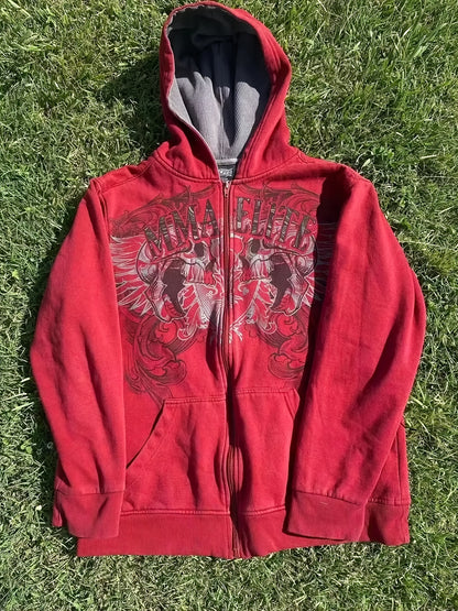 Y2K MMA Elite Zip Up Hoodie, Red Vintage Graphic Streetwear Jacket with Gothic Skull Wing Print, Full Zip Sweatshirt for Fall Winter, Unisex Hip Hop  Style Hoodie for Teens Men Women Couples, American Aesthetic Fashion Outerwear