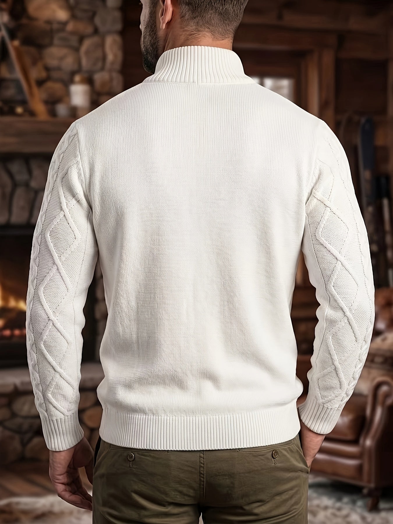 Trendy Half-Zippered Stand-Collar Warm Knitted Sweater with Hemp Pattern