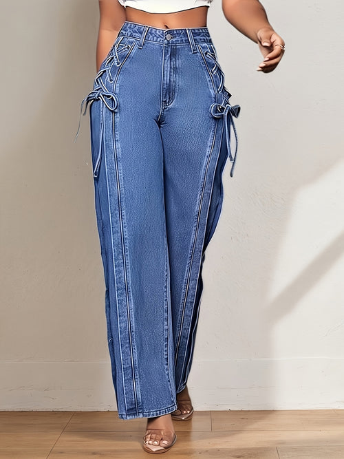 Wide-Leg Straight Jeans for Women Featuring a Side Tie-Up Bow Design, Mid-Rise Relaxed Fit, Ideal for Casual Streetwear, Vacations, Work, And Daily Use, with a Y2K Retro Vibe