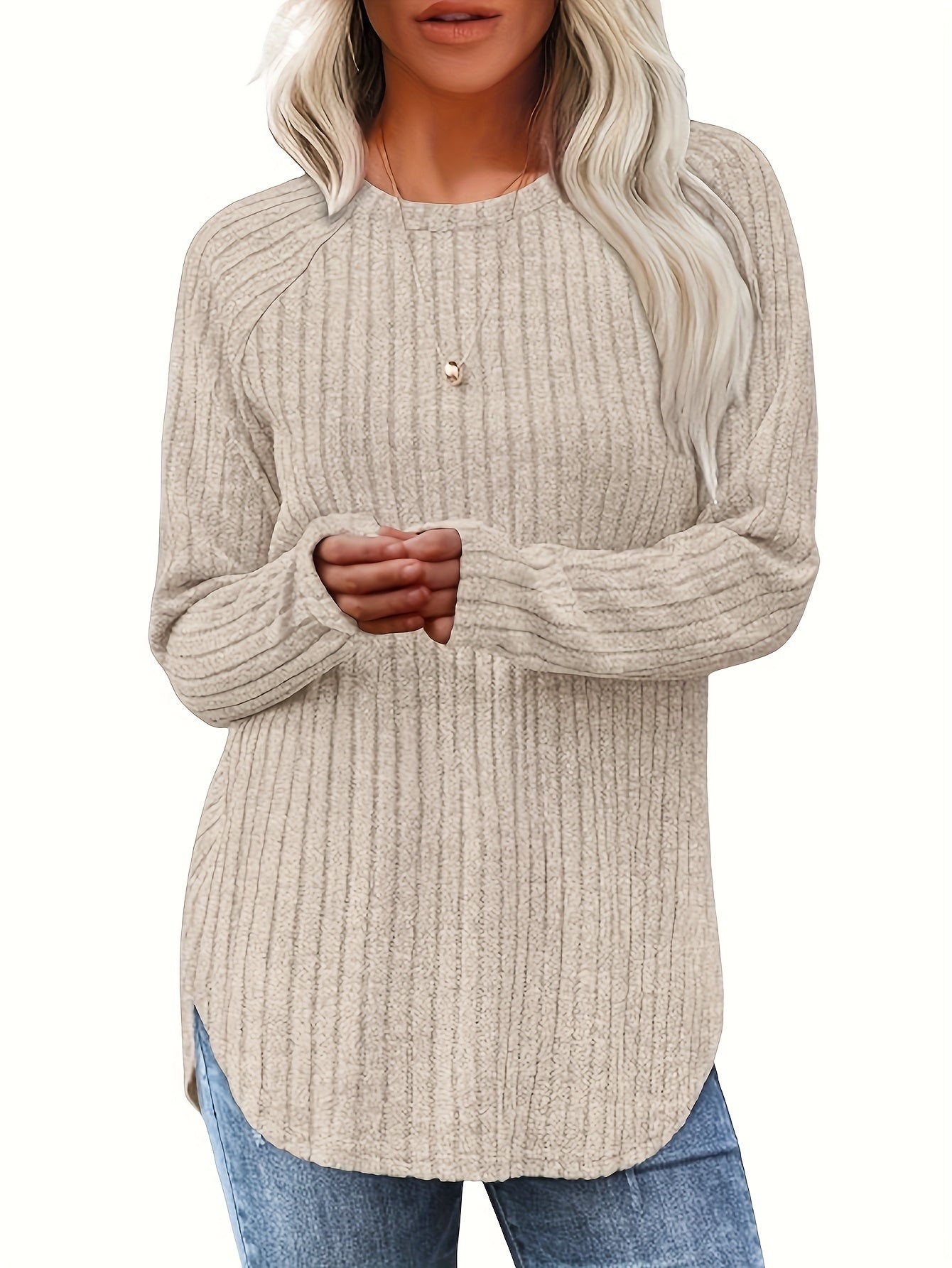 Three-piece Women's Fashionable Long-sleeved Basic Sweater, Casual Loose Top, Elegant Round-neck T-shirt