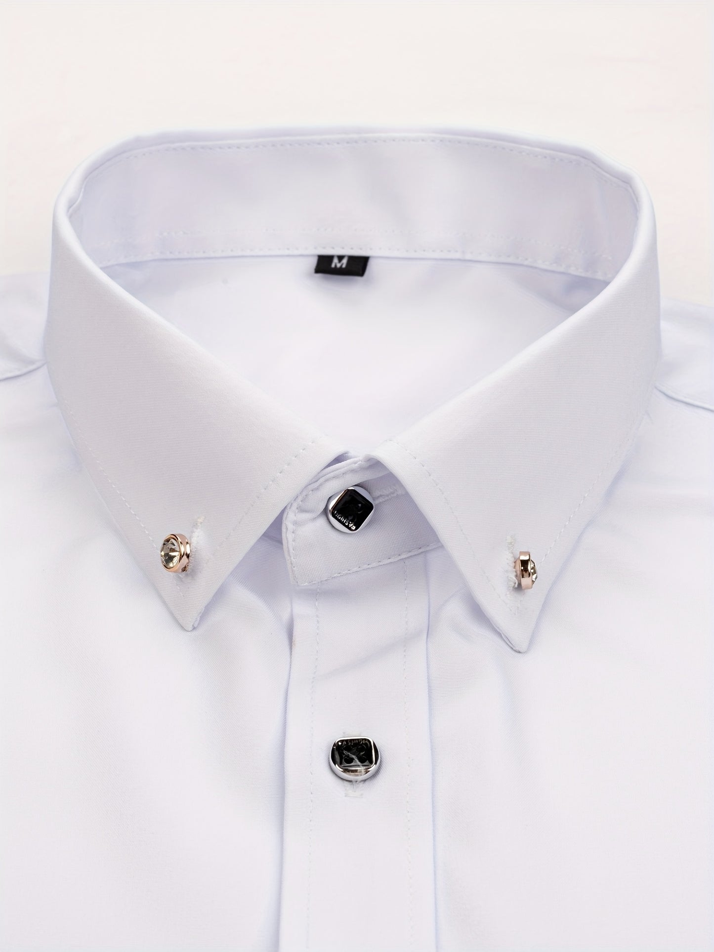 Father'S Day Gift Choice, Men'S Long Sleeve Button Shirt, Crystal Button Design, Solid Color Plain Formal Business Attire, Great As Gift for Party, Wedding, Date Dress Shirt