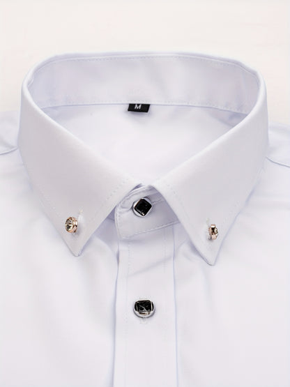 Father'S Day Gift Choice, Men'S Long Sleeve Button Shirt, Crystal Button Design, Solid Color Plain Formal Business Attire, Great As Gift for Party, Wedding, Date Dress Shirt