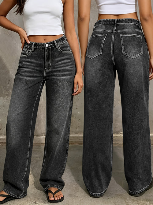 New Four Seasons Jeans|Classic Blue Washed Denim. Vintage Wide-leg Jeans Women's High-street Topstitch Back Pocket Casual Trousers Women's Clothing