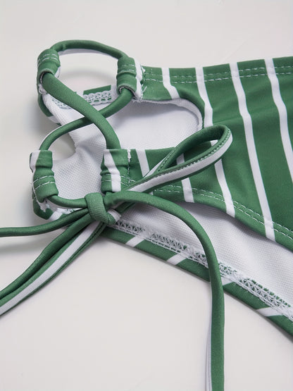 Women's Stripe Print Cross Front Tankini Set, Two-Piece Swimsuit With Adjustable Side Tie Bottoms, Summer Beachwear