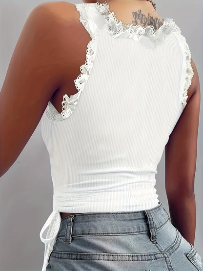 Women's Lace Trim Round Neck Vest - Adjustable Side Drawstring, Breathable Knit Fabric, Medium Stretch, Machine Washable, All-Season Casual & Resort Wear