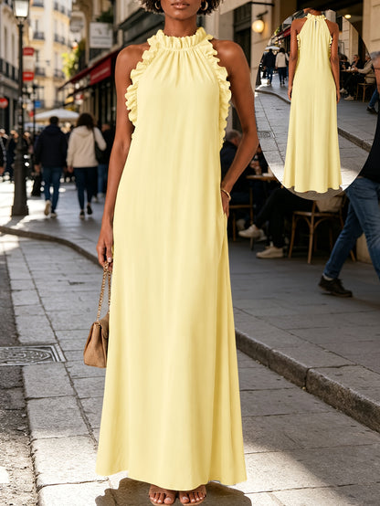 Summer Vacation Style Leaf-Edge Halter-Neck Sleeveless Dress