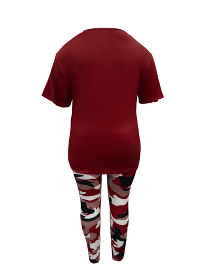 Plus Size - LADIES' Plus Size Daily Fashion Casual Set: Letter Print Crew Neck Short Sleeve T-shirt + Camouflage Long Pants With Pockets