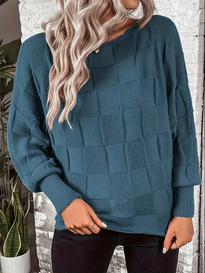 Checkered Pattern Boat Neck Batwing Long Sleeve Casual Holiday Business Commuting Warm Autumn Winter Fashion Women'S Top