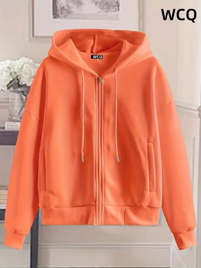 Women's Chic White Zip-Up Hoodie - Casual Polyester Sweatshirt with Geometric Pattern, Machine Washable &  Cleanable, Ideal for Spring/Summer/Fall, Sweater Hoodie