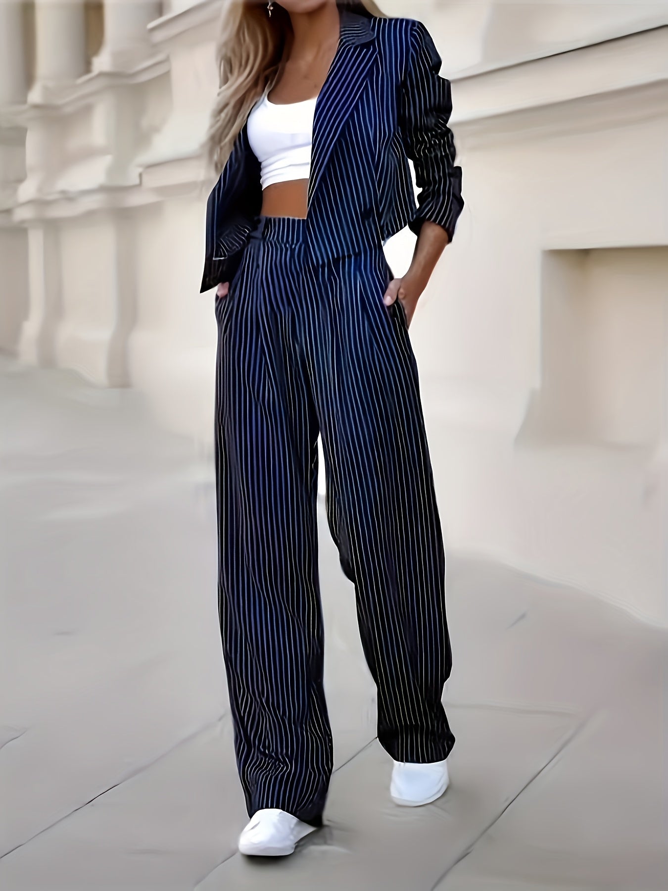 2pcs Women's Casual Striped Short Collar Top And Pants Set