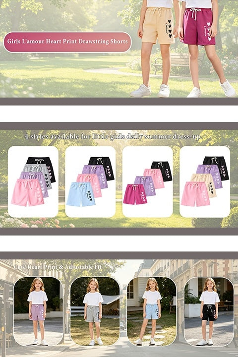 4pcs Girls' Summer Shorts with Heart Print & Bow Front - Non- Bow Tie Waistband, Machine Washable Casual Shorts Suitable for, Playdates, Casual Attire - Spring/Summer Outfits for to, Perfect for Outdoor