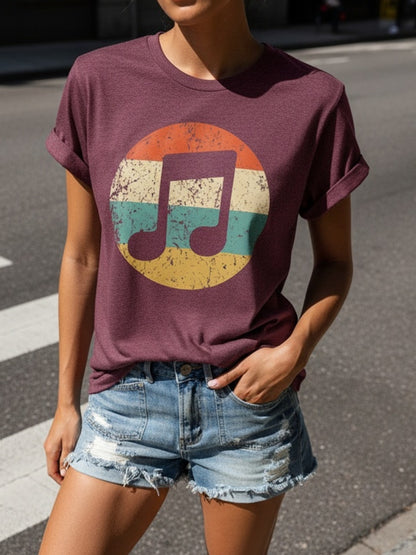Women's Casual Music Note & Rest Signature () T-Shirt - Round Neck Short Sleeve Top, Non-Transparent Fabric Suitable for Festivals, Concerts & Daily Wear - Machine Washable Musical Score Blouse
