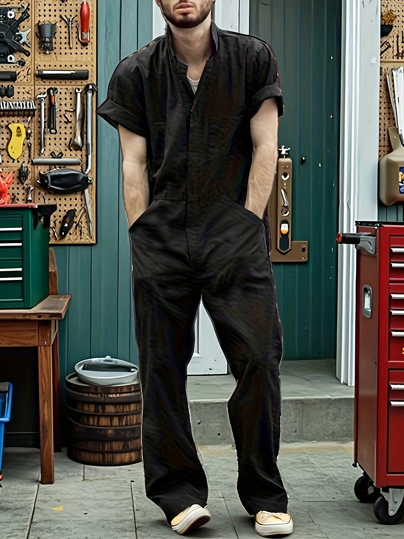 Men's Plus Size Short Sleeve Coverall Jumpsuit, Four-Way Stretch Fabric, Rolled Short Sleeves, Stand-Up Collar Half-Open Placket, Multi-Pocket Design, Industrial/Utility Style Casual Workwear, Effortlessly Shaping a Men's Casual and Trendy Look