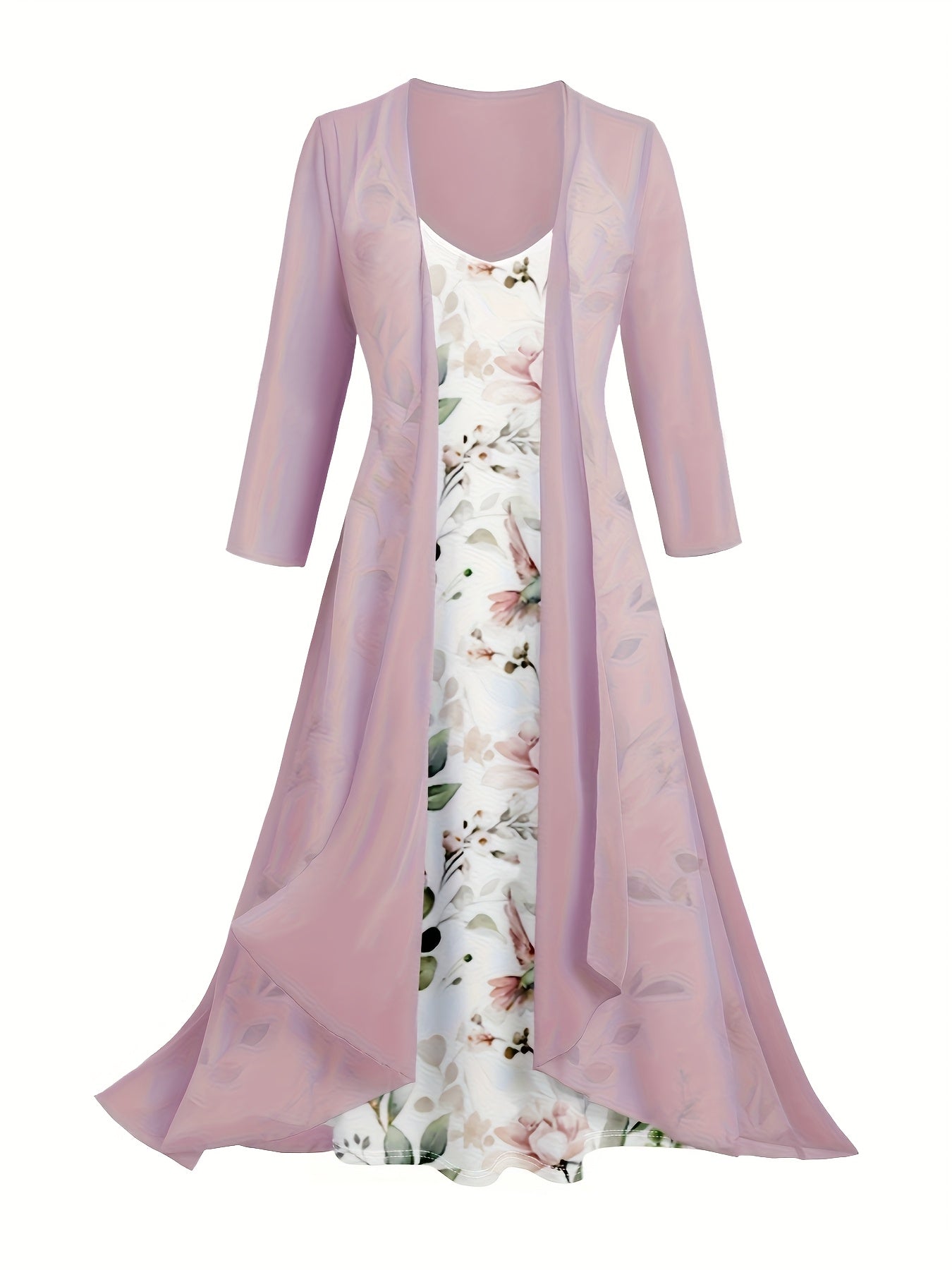 Plus Size - Women'S Plus Size Floral Print V-Neck Dress with Light Pink Chiffon Overlay - Sleeveless, Flowy Maxi Dress for Spring/Summer, Vacation Style, Vacation Attire | Floral Print Dress | Chiffon Overlay