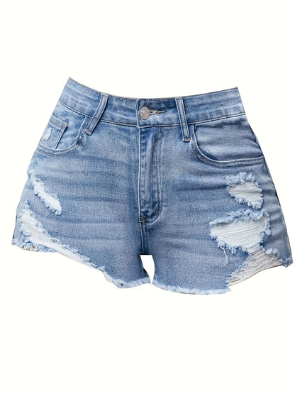 Blue Ripped Denim Shorts with Raw Elastic Hems And Pockets,, Shorts, Jean Shorts,, Shorts for Women,, Cute Clothes