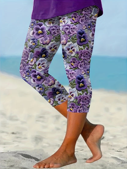 Floral Print Skinny Cropped Leggings, Casual Elastic Waist Stretchy Leggings, Women'S Clothing