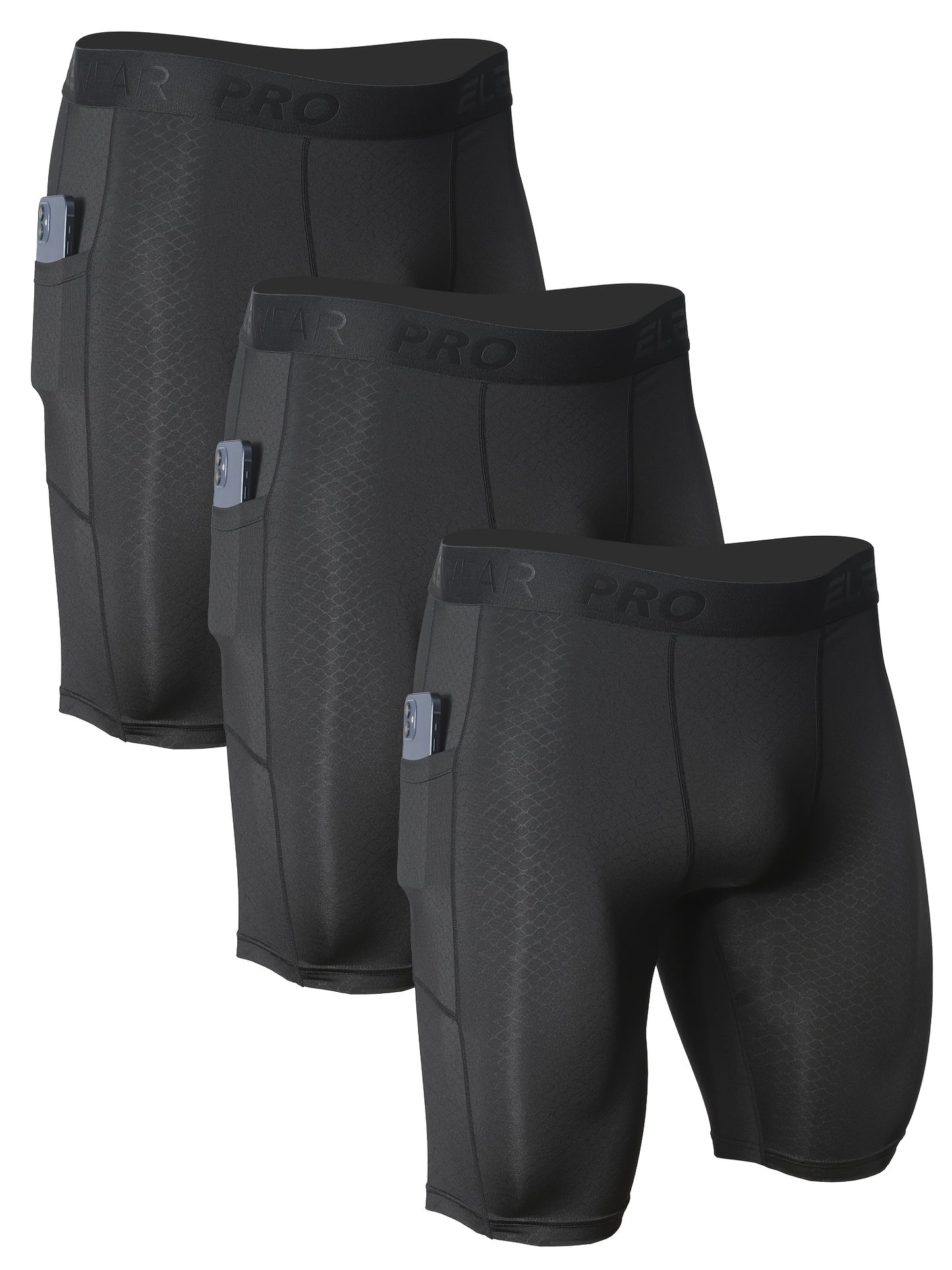 3pcs PRO Men's Athletic Boxer Briefs - Moisture-Wicking Quick-Dry Polyester, Stretchy Breathable Fabric with Side Pockets & Crotch Protection for Running, Gym, Fitness - Black, Running Gear, Sporty Style, Durable Construction, Sports Underwear, Active Men