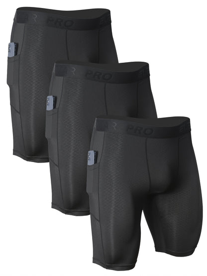3pcs PRO Men's Athletic Boxer Briefs - Moisture-Wicking Quick-Dry Polyester, Stretchy Breathable Fabric with Side Pockets & Crotch Protection for Running, Gym, Fitness - Black, Running Gear, Sporty Style, Durable Construction, Sports Underwear, Active Men