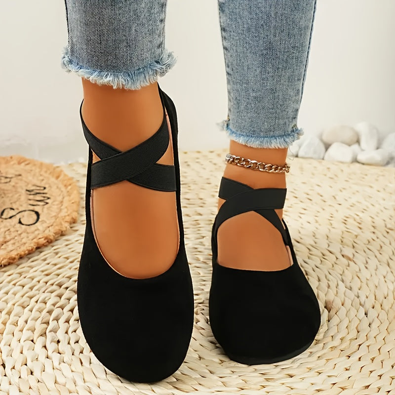 New Spring And Autumn Women'S Velvet Shallow Mouth Elastic Round Head Flat Matching Shoes, Suitable For Work, Leisure, Vacation And Home Use