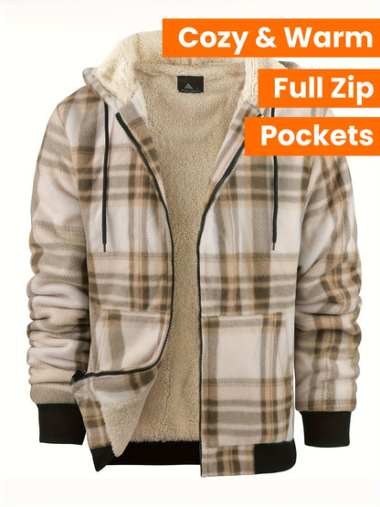 Men's Heavyweight Sweater Hooded Jacket - Full Zip Thick Snow Mountain Lined Flannel Plaid Shirt with Pockets, Casual Style, Perfect for Autumn and Winter, Hooded Collar, Regular Fit, Plaid Pattern, Men's Jacket